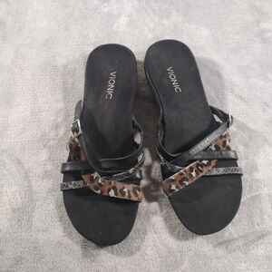 Womens  Vionic Rhodes Slide Sandal Tan Black Animal Print Strap Sandal Sz 10 EUC